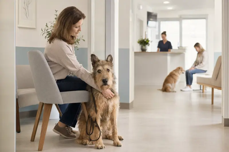 Ein Laekenois Hund sitzt ruhig neben seinem Besitzer im hellen Wartezimmer einer modernen Tierarztpraxis.